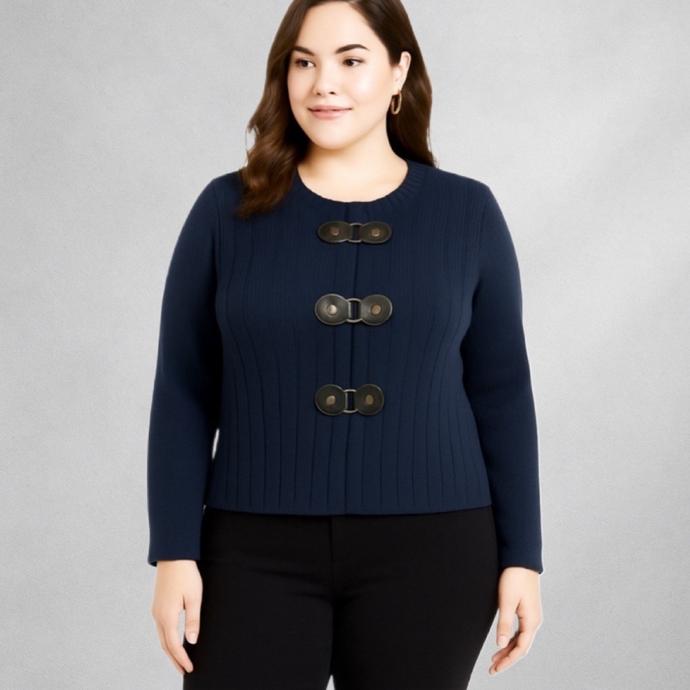 Tahari Woman’s 1X Merino Wool Blend Cardigan Sweater Toggle Closure Plus Size